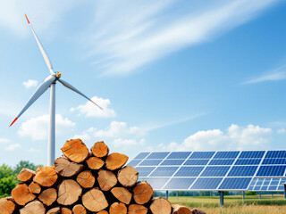 Renewable, energy, wind, turbines, solar, panels, logs, wood, stack, field, green, eco-friendly, sustainable, nature, environment, power, alternative, clean, electricity, resources, natural, outdoors,