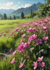 Fototapeta premium Vibrant pink spring flowers in a lush green meadow, pink flowers, blooming flowers, spring flowers