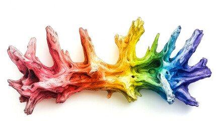Rainbow-colored driftwood piece isolated on white.
