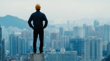 Resident standing at the edge of construction site, dynamic cityscape backdrop, anticipation of growth