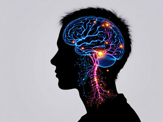 Silhouette of a human head with an illuminated brain and neural network, depicting cognitive activity.