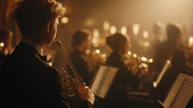 Musiker spielt Trompete in einem Orchester mit warmem Licht

