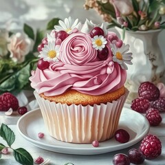 A beautifully decorated cupcake topped with pink frosting, flowers, and berries.