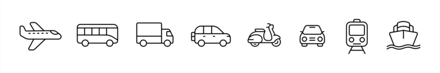 Public Transportation icon set in line style. Airplanes, buses, trucks, cars, motorbikes, taxis, trains, ships symbol. Transport simple black sign for apps and website, vector illustration.	