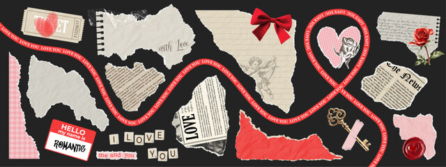 Old torn newspapers, crumpled note paper sheets and scrapbooking collage elements, stickers. Vector illustration of grunge vintage wrinkled ripped craft papers for romantic retro design, valentine day