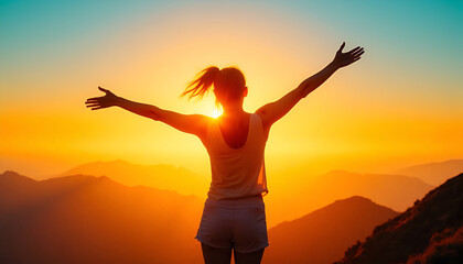 Fototapeta premium Woman Silhouette Sunset Arms Outstretched