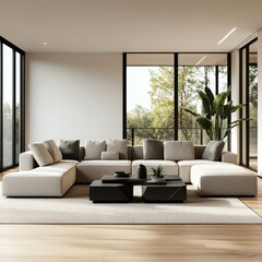 Modern Living Room With Large Sectional Sofa and Natural Light From Floor-To-Ceiling Windows in a Contemporary Home Setting