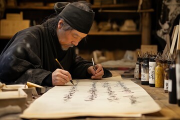 Crafting elegance with strokes of ink on handmade paper by a skilled calligrapher in a serene workspace