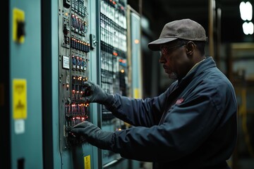 Expert electrician works meticulously with control panels in a bustling factory environment during evening hours