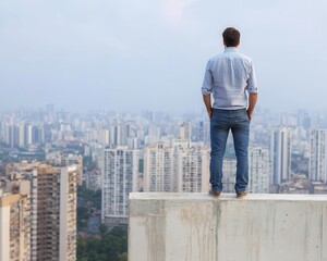 Resident on rooftop of underconstruction building, panoramic city view, symbol of limitless potential