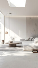 Salon minimaliste avec canapé blanc, table basse ronde et décoration épurée.