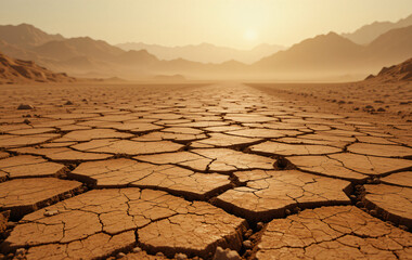 A cracked arid land with many small fissures under golden sunlight, illustrating a dry desolate desert terrain.