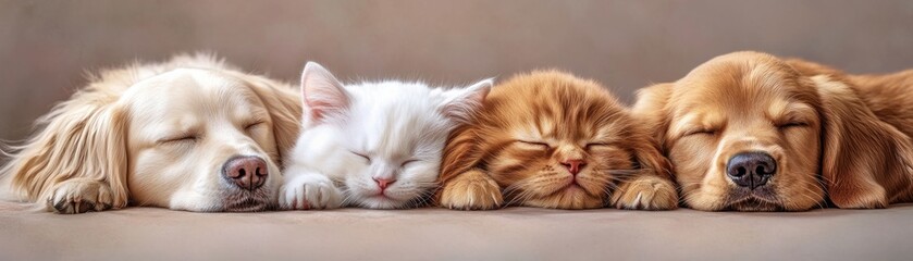 Adorable cat and dog sleeping peacefully together with a kitten nestled between them, a heartwarming display of family love and unity, showing interspecies companionship and affection, a perfect