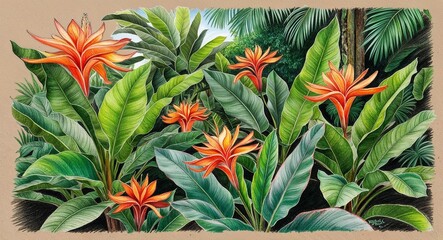 Fototapeta premium Maranta leaves surrounding vibrant flowers in a lush tropical garden hand drawing