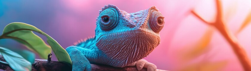 Fototapeta premium A vibrant Tropical rainforest chameleon blending into an intricate network of vines and branches, reflecting survival in its natural habitat This camouflage master, perched on a branch, showcases its