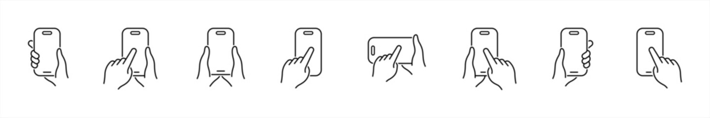 Hands holding mobile phone line icons set. Smartphone held by two hands symbol. Finger touching blank screen signs. Hand holding a smartphone flat vector illustration