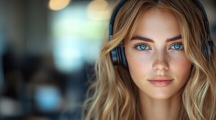 A woman wearing a surveillance headset in an office represents safety, security, and the use of technology for monitoring