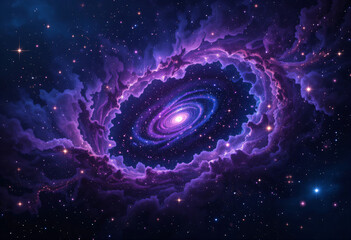 An abstract cosmic background featuring a swirling purple galaxy with beautiful glowing stars around it.
