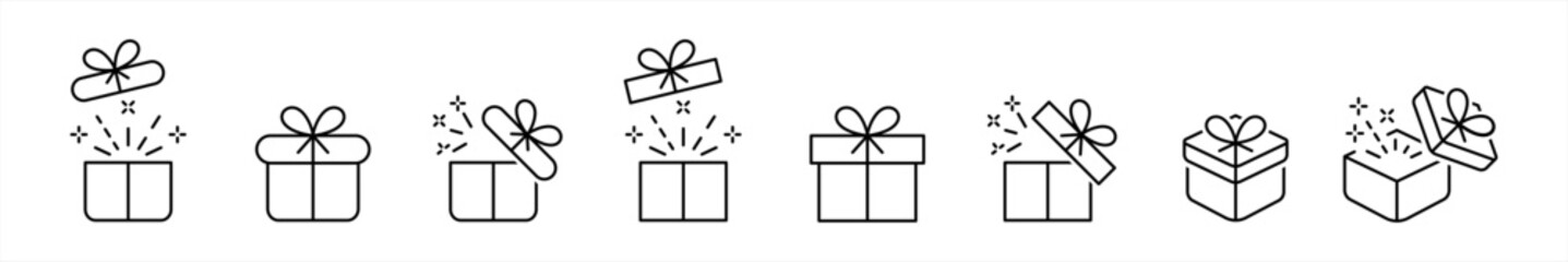 Gift box icon set in line style. Surprising gift box  symbol. Present gift box tied signs. Christmas, birthday, valentine, open, sparkle, wedding event, party, celebration, achievement success vector