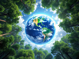 Vibrant Earth surrounded by lush trees under a bright, cloud-filled sky, symbolizing harmony.