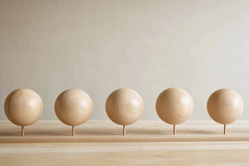 Minimalistische Holzskulptur mit drei Kugeln auf einer eleganten Platte.


