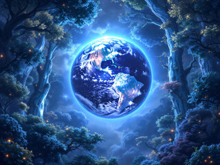 Vibrant Earth surrounded by lush trees under a bright, cloud-filled sky, symbolizing harmony.