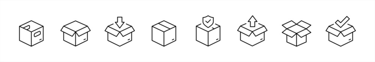 Package box line icon. Open and close box symbol.  Delivery and shipping signs. Containing open cardboard, fast delivery box, container, parcel protection, storage, good packing vector illustration