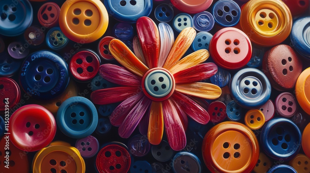 Poster vibrant flower made of colorful buttons closeup shot artistic display creative environment high-deta
