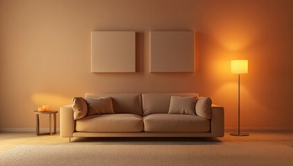 A minimalist living room with a soft tan softwo square art pieces on the