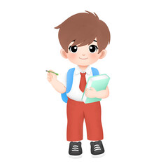 watercolor illustration of happy kid with student elementary school uniform 