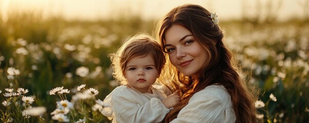 Obraz premium Celebrate the bond between a mother and her child amidst a field of daisies, a perfect representation of Mother's Day This heartwarming scene embodies the concept of purity and joy, with delicate