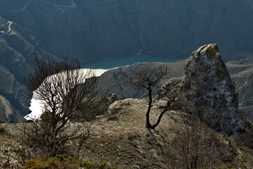 Russia. North-eastern Caucasus. The Republic of Dagestan. A dizzying panoramic view of mountain...