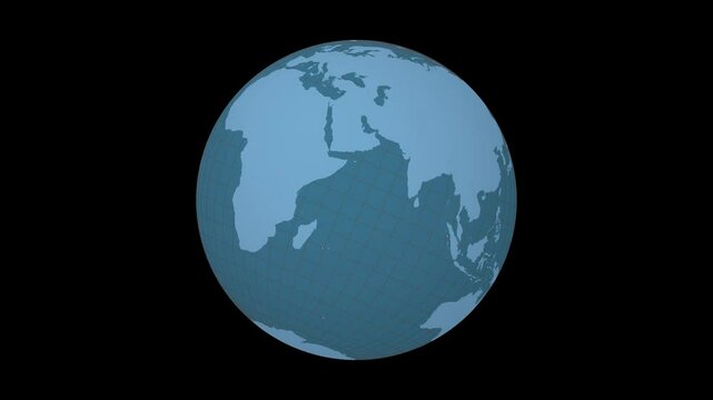 Spinning globe with a tilted sphere view. Moderate speed globe rotation. Solid color style. World map with dense graticule lines on a black background. Creative animation.