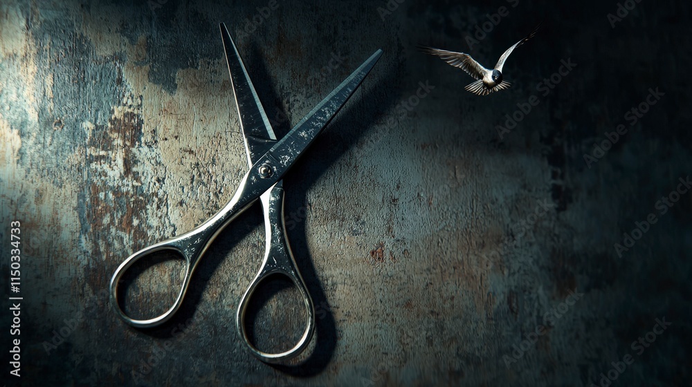 Poster Artistic reflection scissors symbolizing freedom studio setting photography dim light abstract concept