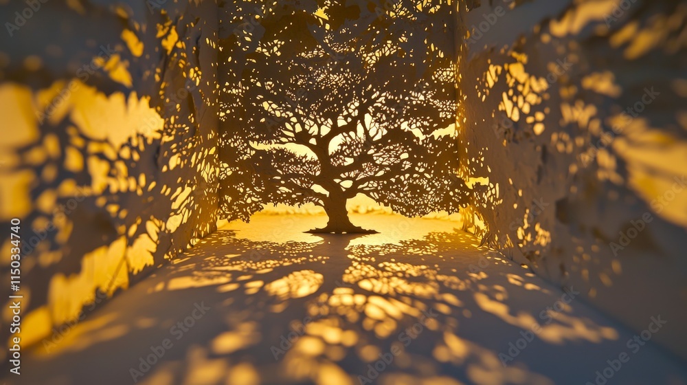 Poster intricate paper cut silhouette of a tree casting shadows in a warm environment