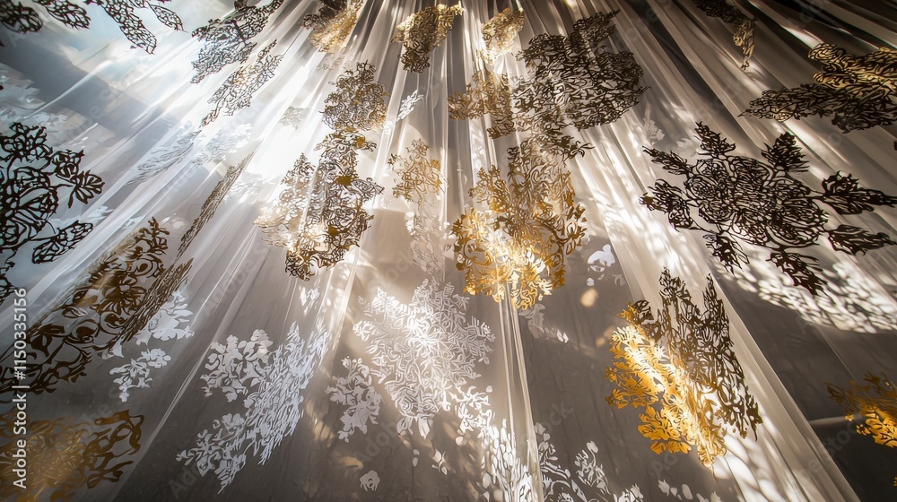 Aufkleber surreal floating paper pieces art installation indoor gallery ethereal atmosphere close-up view crea