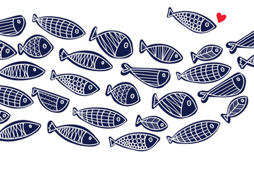 Cute fish wave. Vector sea interior poster.