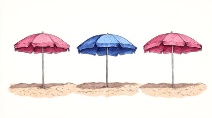 Obraz premium Three beach umbrellas on sand.