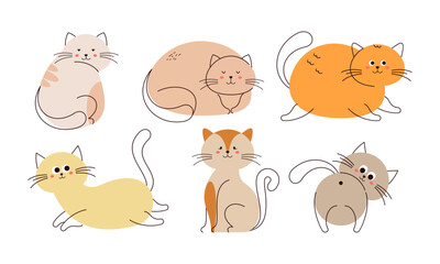 Cute Doodle Cats. Set of Doodle Cat, Funny Pet, Happy Kitten in Different Poses Hand Drawn Cartoon Isolated on White Background