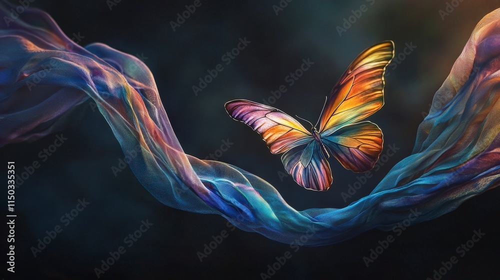 Poster captivating concept of a colorful butterfly soaring amidst surreal fabric ribbons in a dreamlike bac