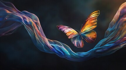 Fototapeta premium Captivating concept of a colorful butterfly soaring amidst surreal fabric ribbons in a dreamlike background