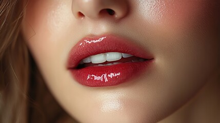 Fototapeta premium A woman's lips with a shiny balm, emphasizing the benefits of lip care and smooth skin