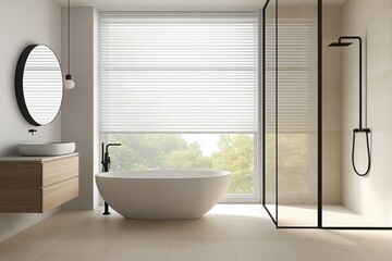Modern bathroom design featuring bathtub and shower minimalist style bright natural light contemporary atmosphere