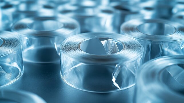 Close-up of transparent tape rolls stacked neatly.