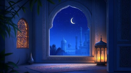 Mosque window at night and eid mubarak greeting near crescent and lantern. Ramadan kareem or Eid ul Fitr, ul Adha card background with fanous and moon
