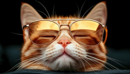 Naklejka premium Experience feline sophistication with this stylish cat in artistic sunglasses, reflecting a blend of classic and new This captivating image showcases a ginger cat, wearing aviator sunglasses with an