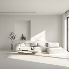 Salon minimaliste avec canapé blanc et table basse moderne sur un tapis clair.