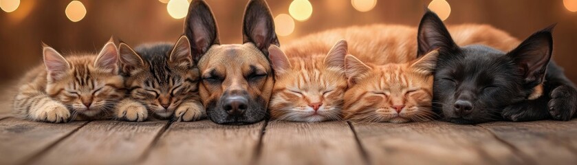 Experience the heartwarming scene of a sleeping dog and three kittens, embracing the bond of friendship and comfort in this adorable image See how different species cuddle together showcasing pure