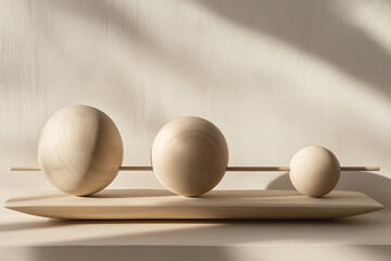 Minimalistische Holzskulptur mit drei Kugeln auf einer eleganten Platte.

