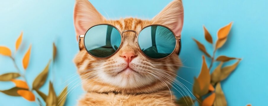 Get ready for summer with this adorable retro-inspired ginger cat sporting cool aviator sunglasses A fun, vibrant beach background adds to the charm This is a perfect image for any cat lover